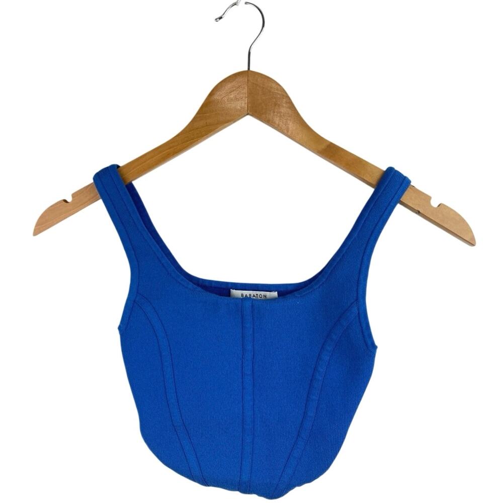 Aritzia Babaton Sculpt Blue Sleeveless Corset Bustier Rib Knit Tank Crop Top 2XS